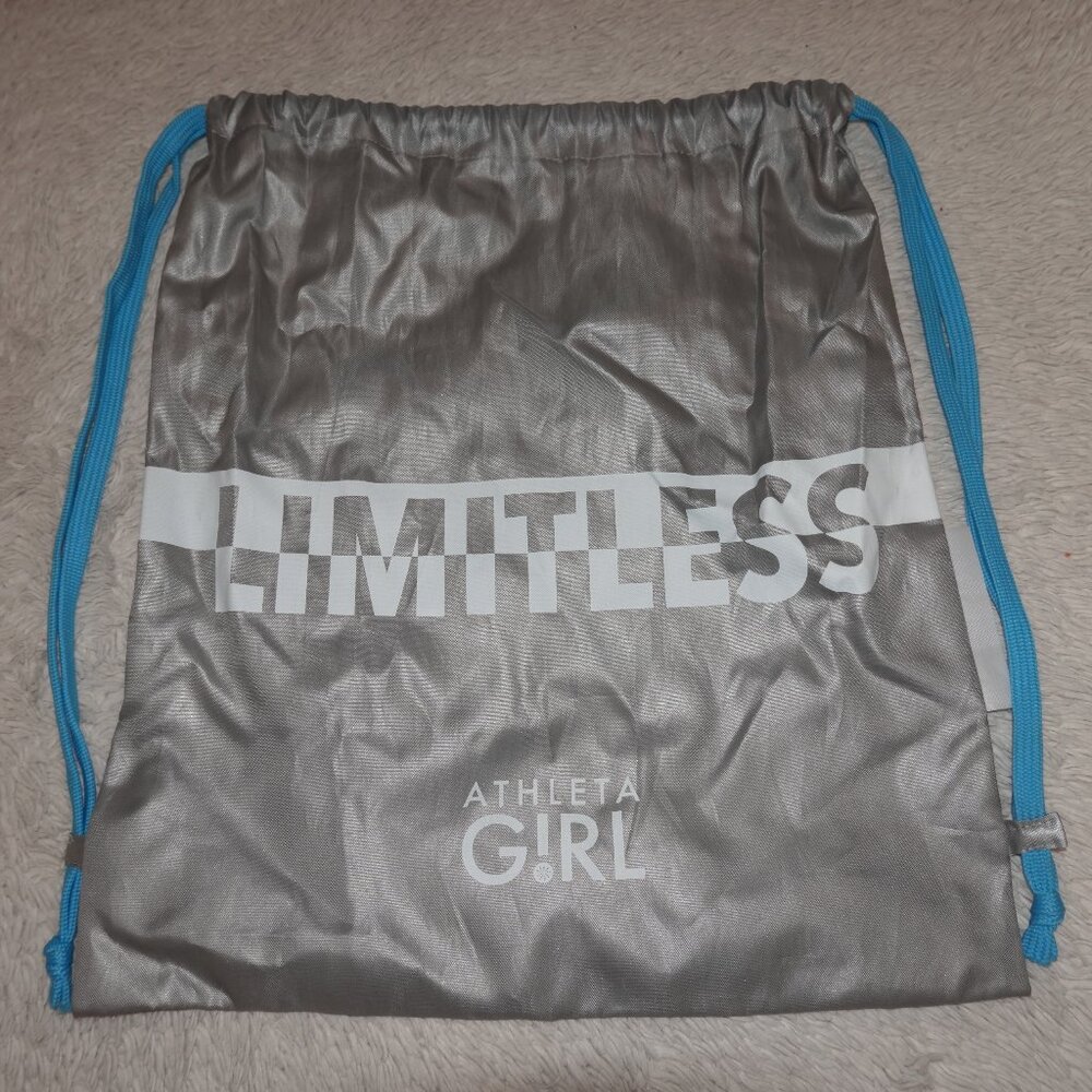Athleta Girl Drawstring Backpack, 13.5" x 15.5", Limitless, Silver, Blue Straps